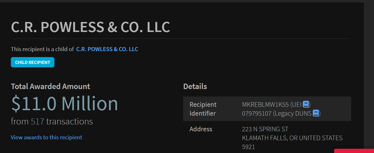 USASpending.gov: C.R. Powless & Co. LLC — Total Awarded Amount $11.0 Million from 517 transactions