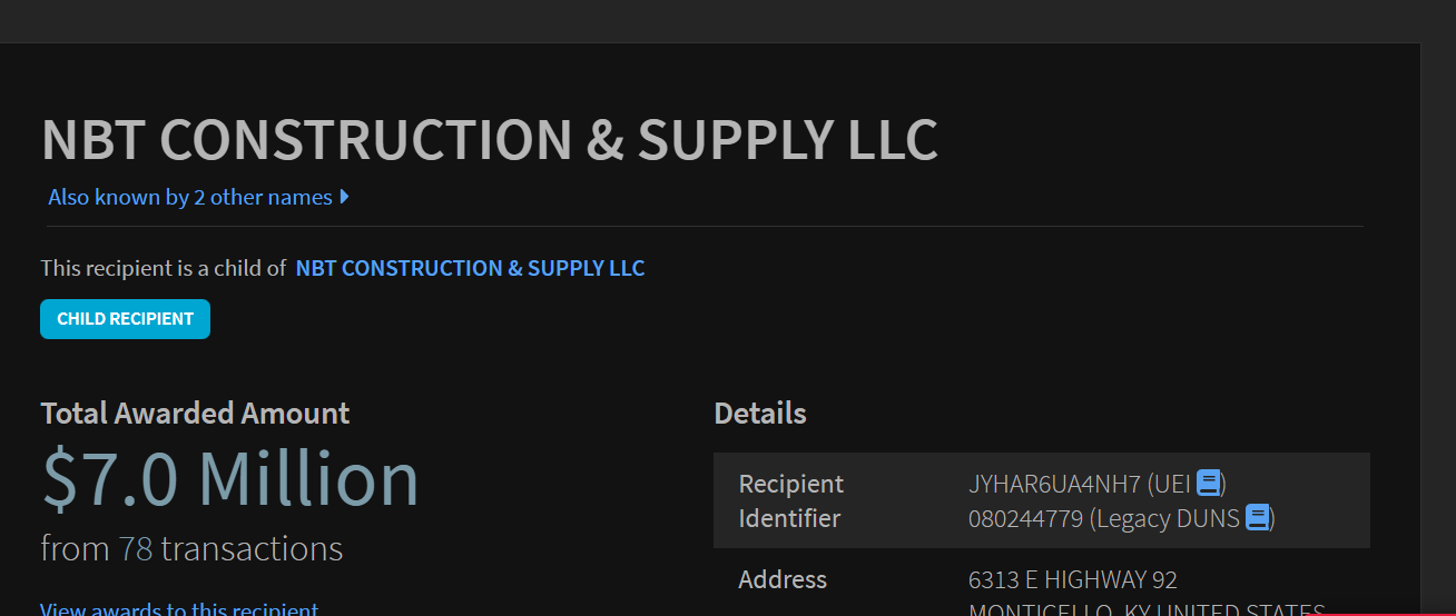 USASpending.gov: NBT Construction & Supply LLC — Total Awarded Amount $7.0 Million from 78 transactions