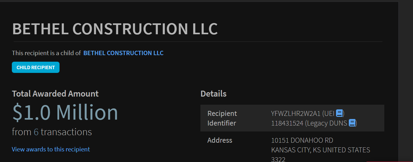 USASpending.gov: Bethel Construction LLC — Total Awarded Amount $1.0 Million from 6 transactions