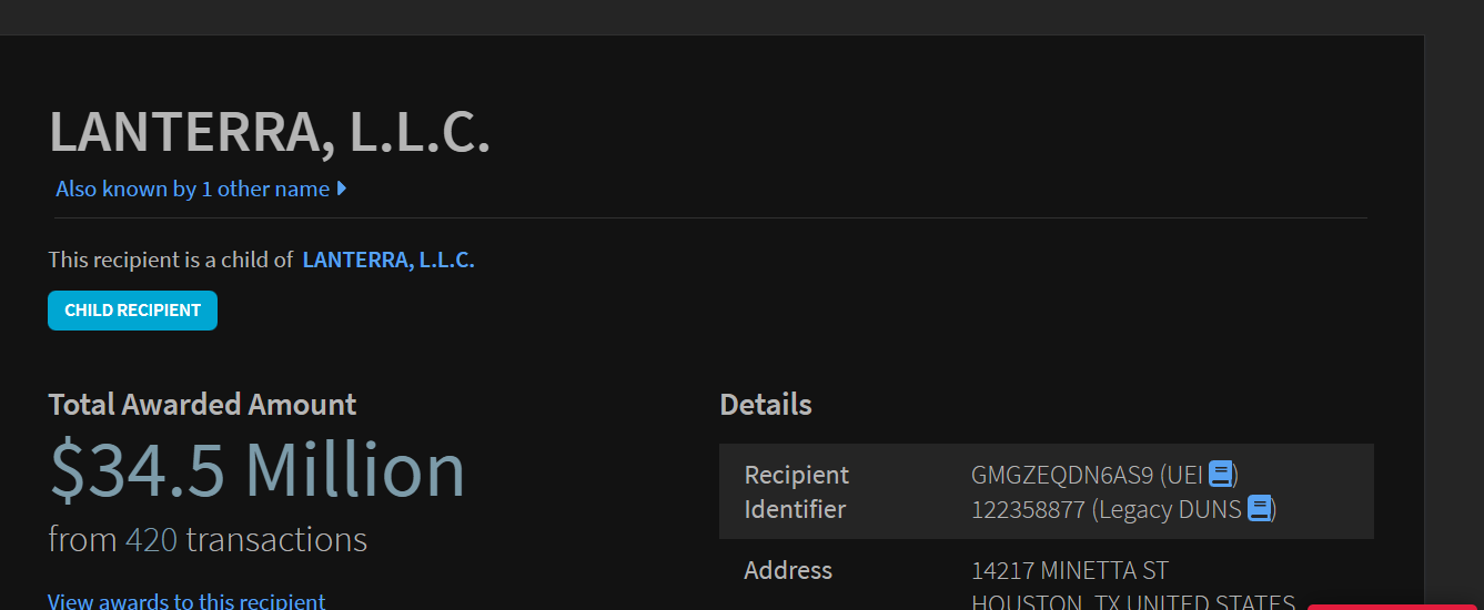 USASpending.gov: Lanterra, L.L.C. — Total Awarded Amount $34.5 Million from 420 transactions