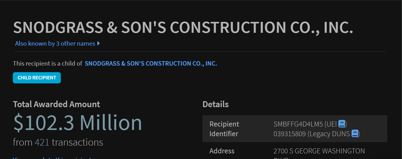 USASpending.gov: Snodgrass & Son's Construction Co., Inc. — Total Awarded Amount $102.3 Million from 421 transactions