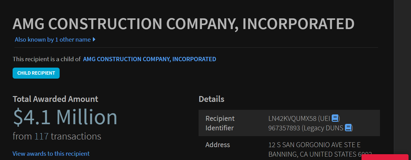 USASpending.gov: AMG Construction Company, Incorporated — Total Awarded Amount $4.1 Million from 117 transactions