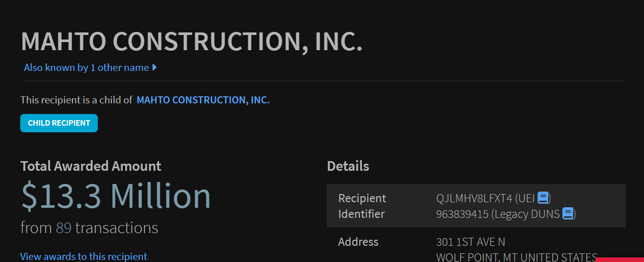 USASpending.gov: Mahto Construction, Inc. — Total Awarded Amount $13.3 Million from 89 transactions