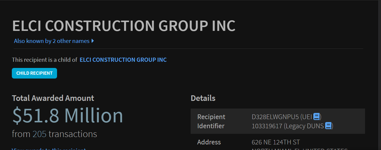 USASpending.gov: ELCI Construction Group Inc — Total Awarded Amount $51.8 Million from 205 transactions