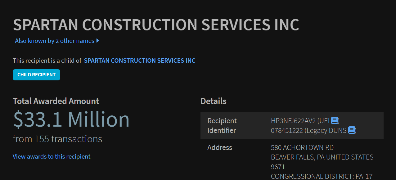 USASpending.gov: Spartan Construction Services Inc — Total Awarded Amount $33.1 Million from 155 transactions